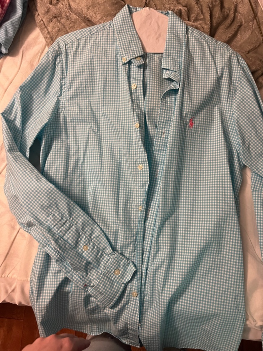 Ralph Lauren Light Blue Gingham Button-Down Shirt with Pink Pony